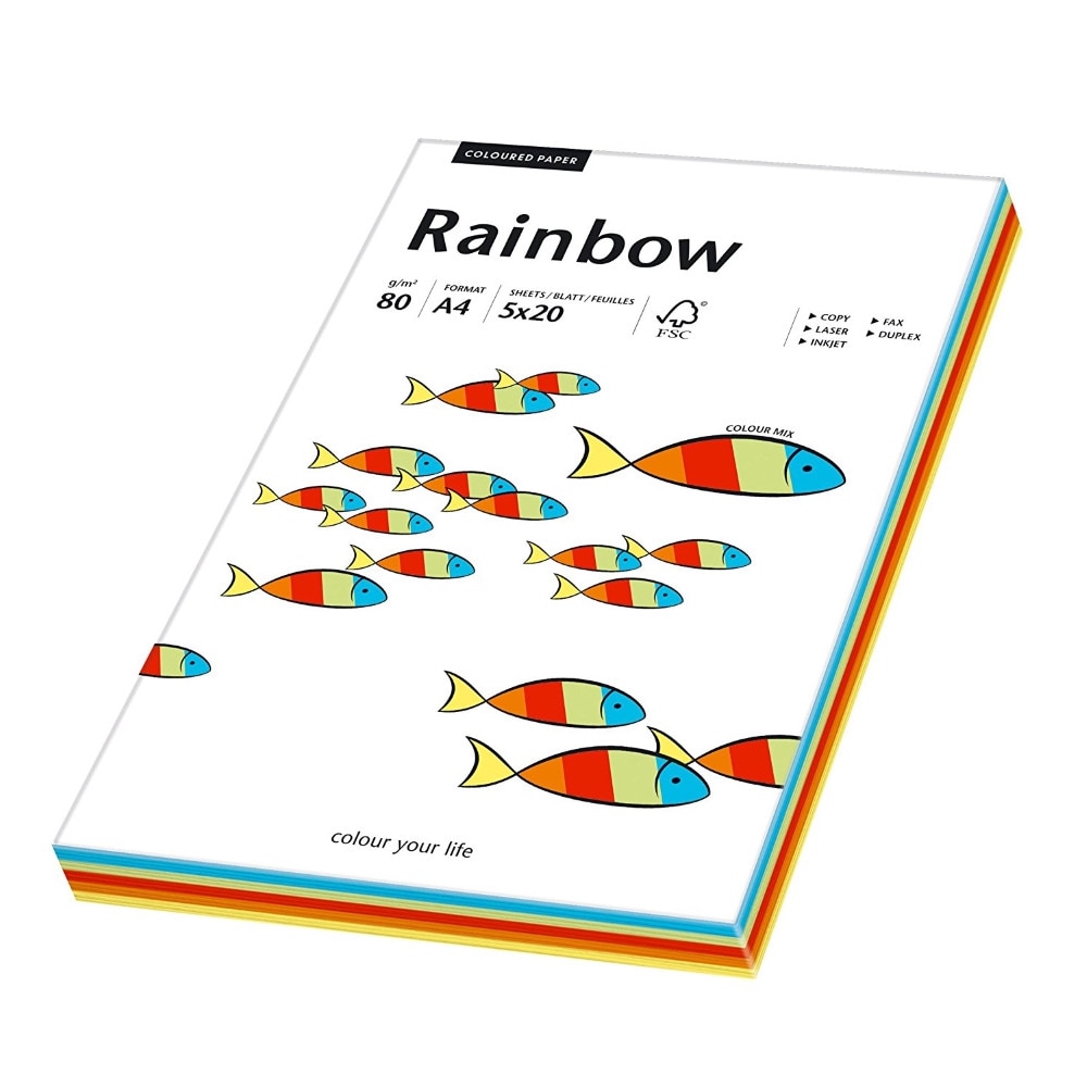 Hartie A4 colorata mix, 80 g/mp, Rainbow, 100 coli/top, 5 culori intens