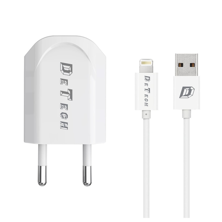 Зарядно и Lightning кабел за данни, съвместими с iPhone 5/6/7/8/SE/X, DeTech, 5V, 1A, 1000mAh