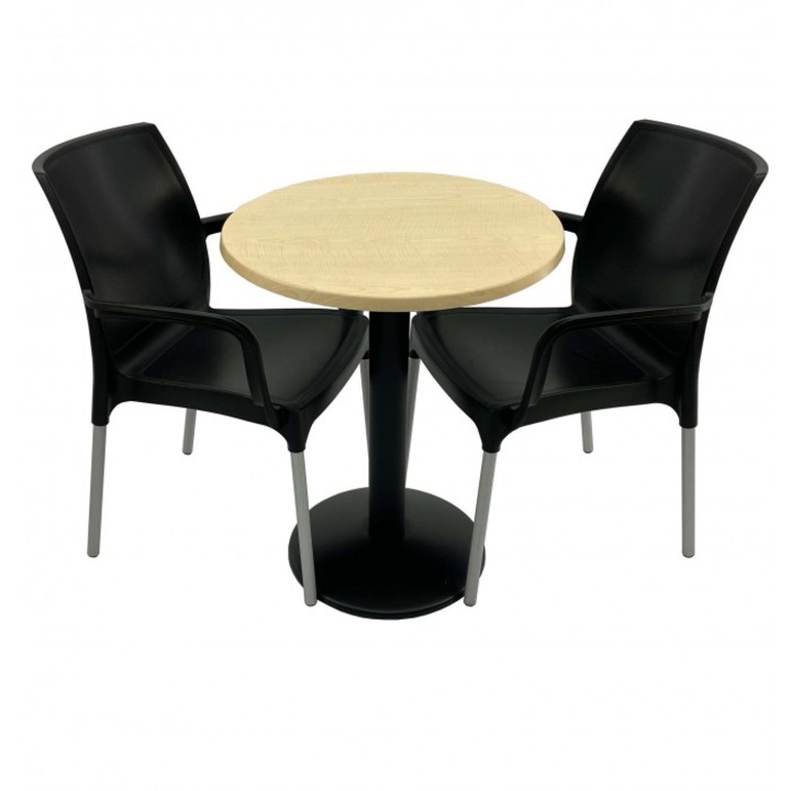 Set 2 scaune SUNSET negru cu masa rotunda 60cm Raki Maple blat werzalit si baza metalica, negru