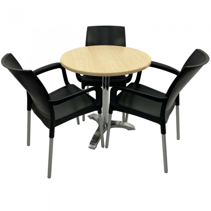 Set 3 scaune SUNSET negru cu masa rotunda 70cm Raki Maple blat werzalit si picior aluminiu