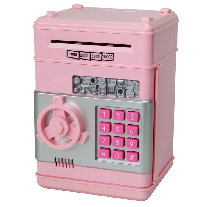Pusculita ATM tip jucarie seif pentru copii, NEVERMORE, deschidere cu pin, sunete si lumina, 19.5x13.4x12.2 cm, Roz