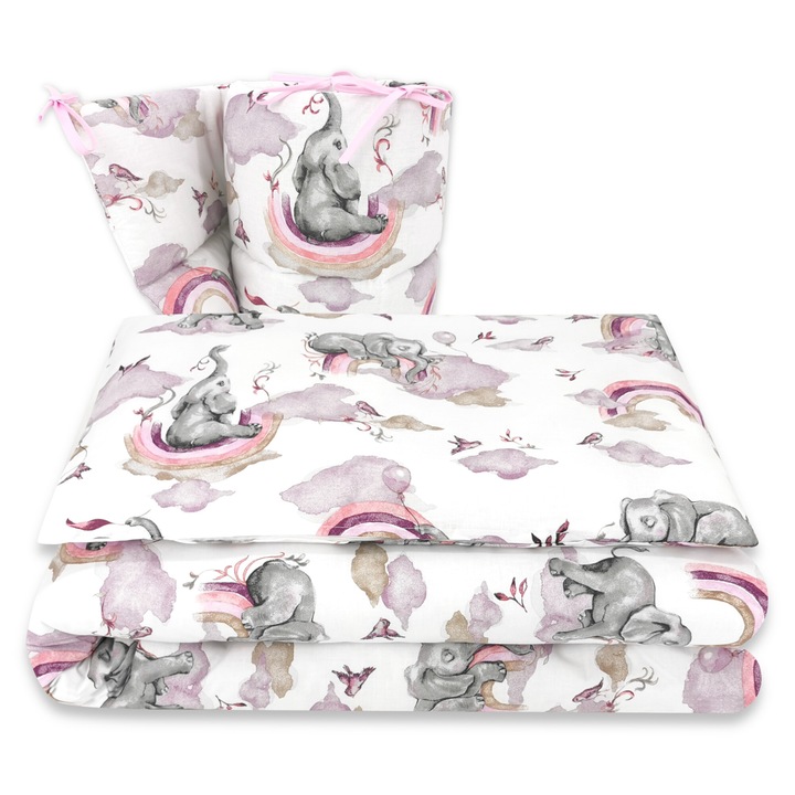 Lenjerie, Qmini, 3 piese, Cu protectie laterala, Din bumbac certificat Oeko Tex Standard 100, Pentru patut 140x70 cm, Elephants on Rainbow Pink
