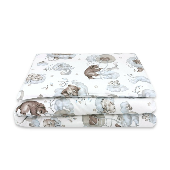 Lenjerie, Qmini, junior cu 2 piese, Din bumbac certificat Oeko Tex Standard 100, 140 x 200 cm, Teddy Bear and Friends Blue