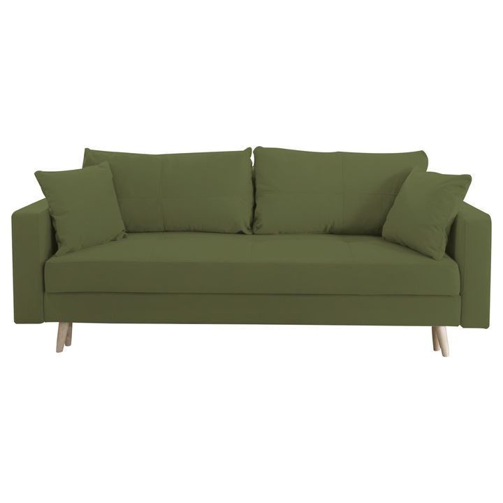 Canapea extensibila Sofia, cu lada de depozitare si picioare de lemn, catifea v38 kaki, 220x90x80