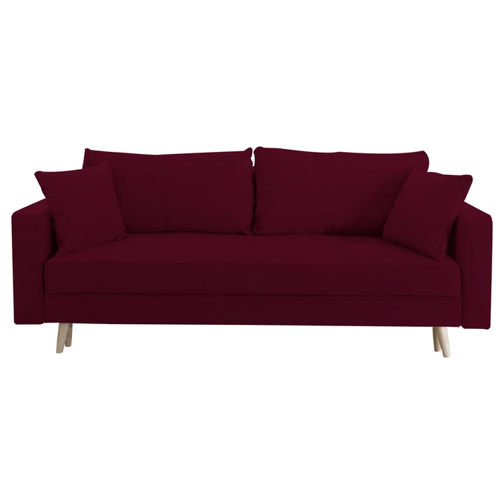 Canapea extensibila Sofia, cu lada de depozitare si picioare de lemn, catifea v68 visiniu, 220x90x80
