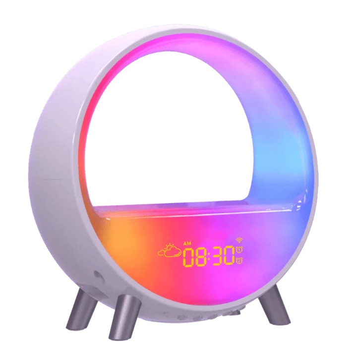 Lampa LED inteligenta si incarcator wireless 15W Nivazo Sleep Master, alarma duala, 9 efecte iluminare RGB, 7 sunete pentru adormire, afisaj ceas digital, indicator meteo, control prin aplicatie, alb​