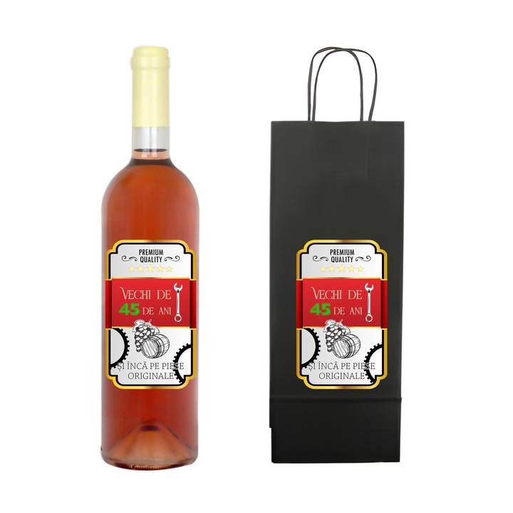 Set personalizat sticla de vin rose, demisec, 750 ml si punga de cadouri cu imprimeu Vechi de 45 ani si inca pe piese originale