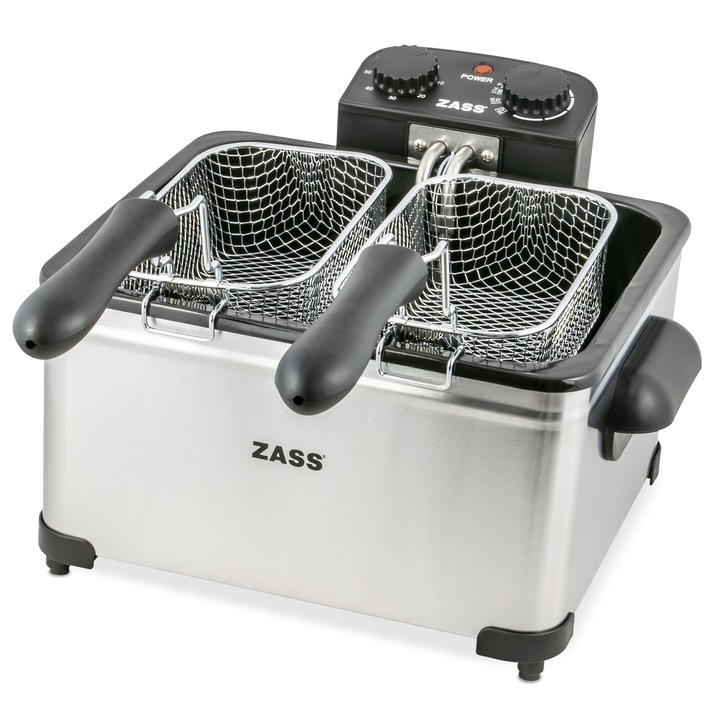 Friteuza inox Zass ZDF 07, Putere 2000 W, 5 l, 3 cosuri pentru prajit, Inox-negru