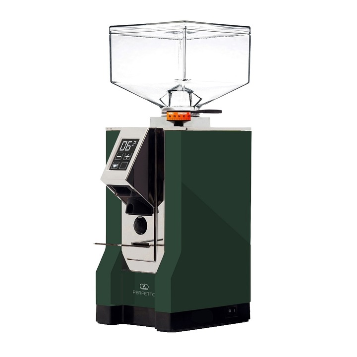 Кафемелачка Eureka, Mignon Perfetto, за всички методи на приготвяне, 300 g контейнер за зърно, 1350 RPM, дигитален сензорен екран, автоматично дозиране, регулируемо мелене, безшумен, зелен