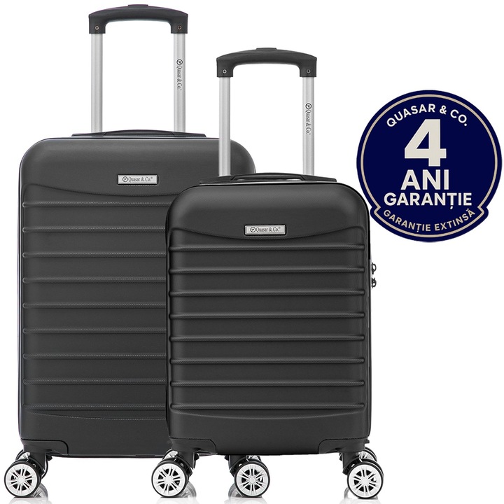 Set 2 trolere cabina, Quasar & Co.®, 40x30x20 cm cu roti detasabile si 55x36x20 cm, bagaj de mana, troller cu fermoar antifurt, cifru, maner telescopic lung, geamantan 4 roti duble 360°, valiza ABS 2.8 mm rezistent, 10kg, LINE, Negru