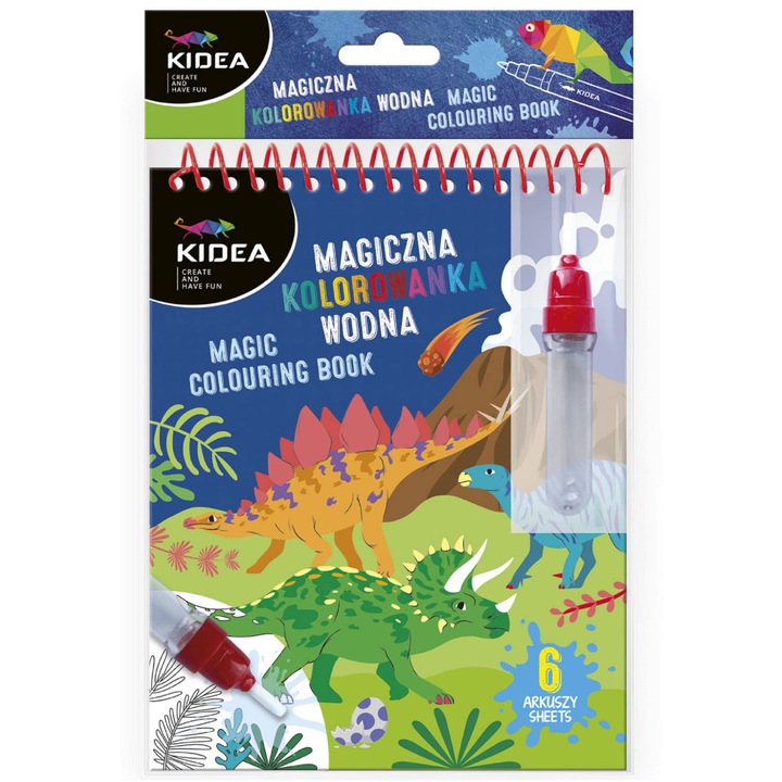 Книжка за оцветяване с магическа вода, многократна, Kidea dinosaurs