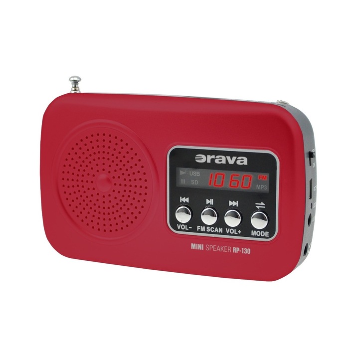 Orava RP-130R FM, 3 W, USB, AUX, SD, micro SD, 850 mAh Piros-Szürke hordozható rádió