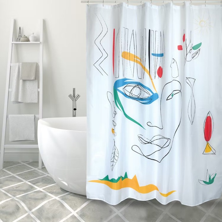 Perdea de dus, Spirella Faces, Textil, Multicolor, 180 x 200 cm