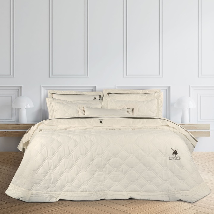Set patura 220 x 240 cm + 2 fete de perna 50 x 70 cm, Greenwich Polo Club, Microfibra, Crem
