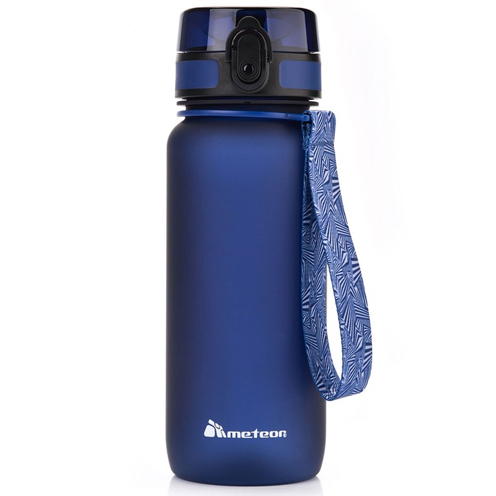 Bidon / Sticla De Apa Tritan, Meteor, Tritan Fara Bpa, 650 Ml, Cu Sita Si Capac Cu Barbie, Inchidere Cu Blocare, Suprafata Antiderapanta, 23 5x4 5x7 8 cm, Albastru Inchis