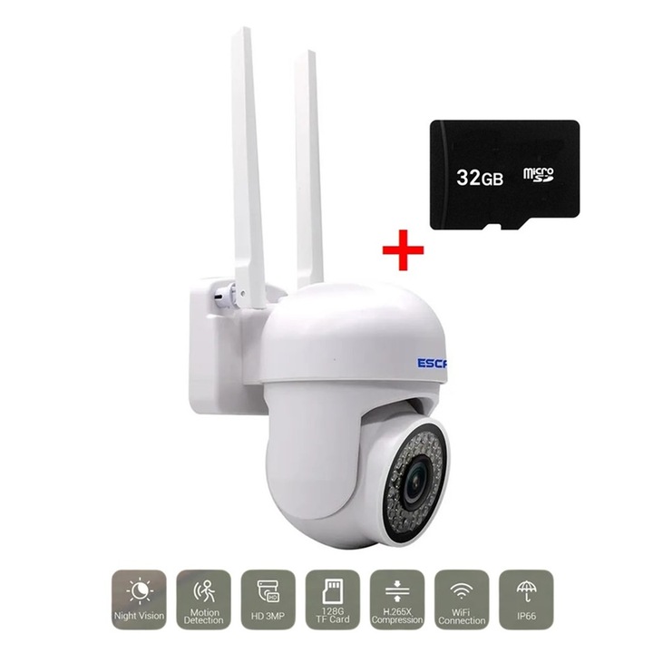 Външна безжична IP камера ESCAM PVR007, Памет 32GB, FHD, 1080P, H.265, 3 Megapixel, WIFI, Водоустойчива, Бяла