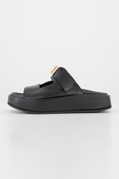 Furla, Papuci de piele cu logo metalic, Negru, 36