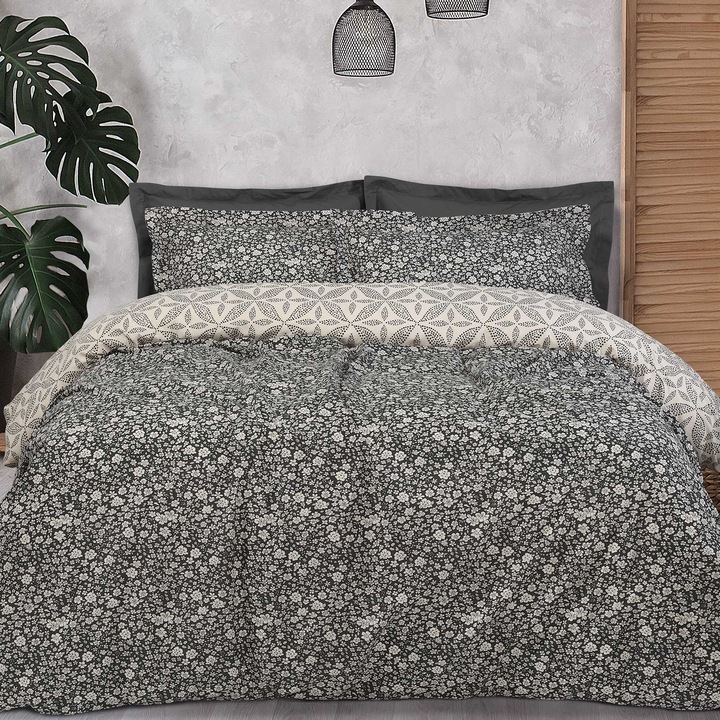 Set lenjerie de pat Das Home, Happy, 120 x 200 cm, Cearceaf cu elastic, Husa pilota, Fata de perna, Bumbac/Poliester, Gri/Alb