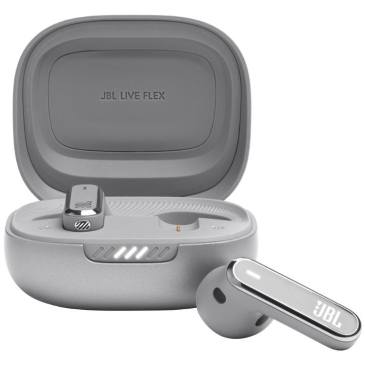 JBL Live Flex fülhallgató, True Wireless, zajszűrés, Bluetooth 5.3, érintésvezérlés, IP54, kettős csatlakozási pont, ezüst