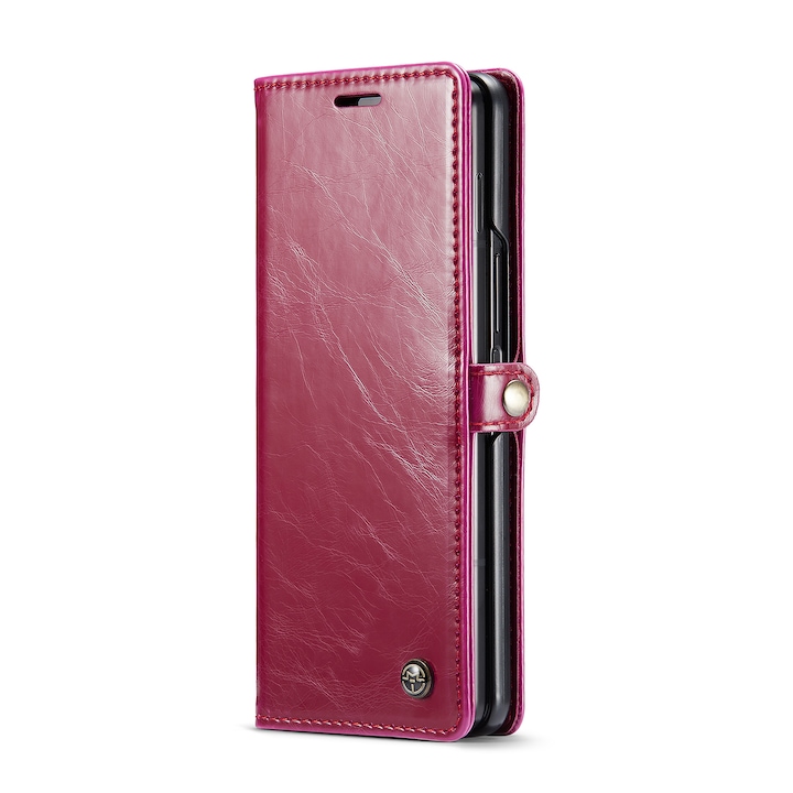 Husa pentru Samsung Galaxy Z Fold4, piele fina, tip portofel, stand, inchidere magnetica, CaseMe, culoare Rosu visiniu