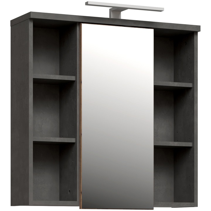 Dulap suspendat pentru baie Forte Veris, 1 usa, cu oglinda si LED, 68.6x 20x 68.1 cm, beton optic gri inchis/ lemn vintage