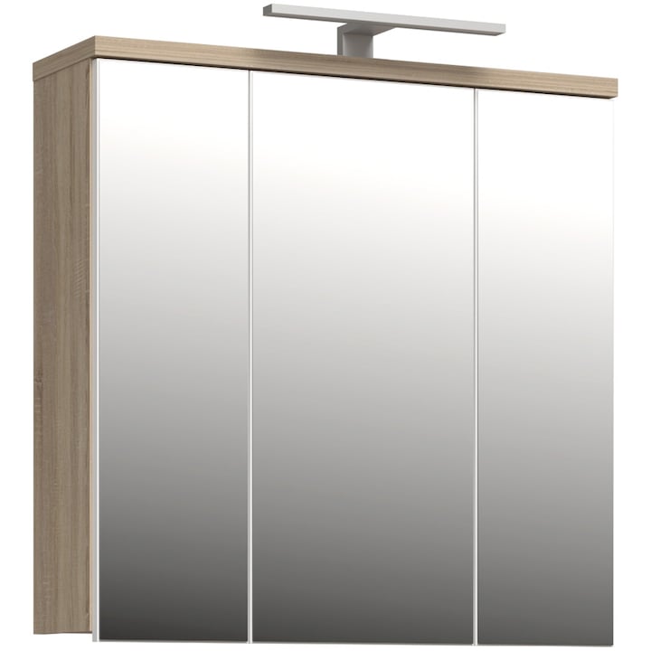 Fürdőszoba fali szekrény Forte Veris, 3 ajtós, tükörrel és LED-del, 68,6x20x68,1 cm, Sonoma tölgy/ szuperfényes fehér
