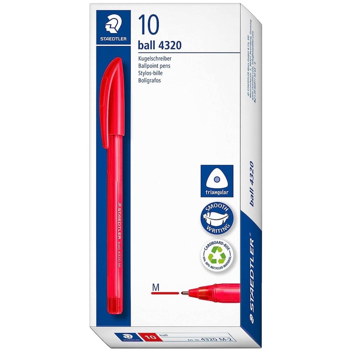 Set 10 pixuri triunghiulare cu bila, de unica folosinta, Staedtler 4320M Rosu