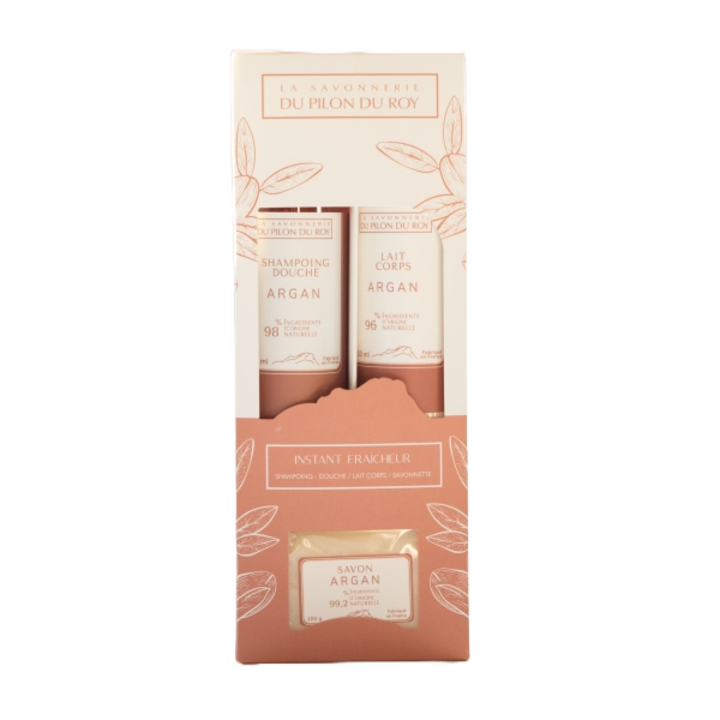 BIO ajándékkészlet 3 ápolószer argán INSTANT FRAICHEUR-val, Sampon és tusfürdő 2 az 1-ben 250 ml, Testápoló 250 ml, Szilárd szappan 100 g, LA SAVONNERIE DU PILON DU ROY
