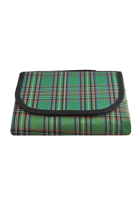 Patura impermeabila pentru picnic sau pentru plaja, model in carouri verzi, 150x100 cm