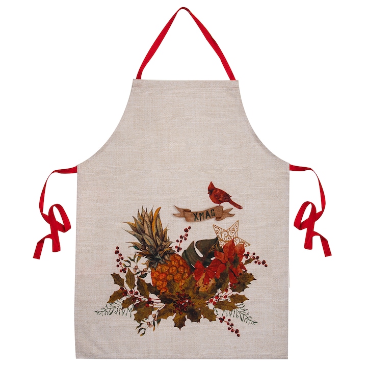 Sort de bucatarie Craciun, BonDia, Model Tropical Xmas 107, 60 cm x 75 cm, Bumbac, Bej/Rosu, XMAS/Craciunita/Fructe Tropicale