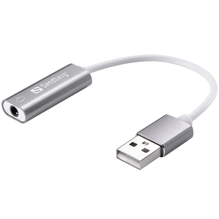 Adaptor USB pentru casti, Sandberg, Aluminiu, USB-Jack 3.5 mm, Argintiu