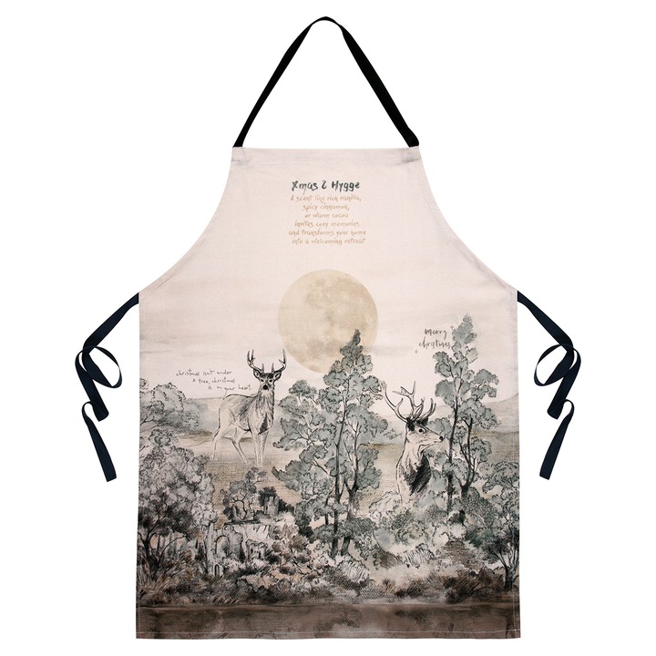 Sort de bucatarie Craciun, BonDia, Model Arbaro 105, 60 cm x 75 cm, Bumbac, Bej/Verde, Cerb/Padure/Mesaj de Craciun