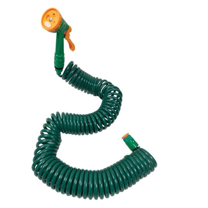 Комплект спирален маркуч за градина, морава, оранжерия, 15 м, 4 края за използване, 4 вида съединителни конектори, зелен