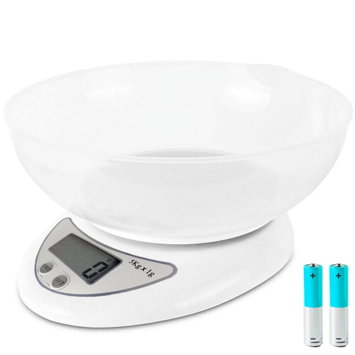 Кухненска везна с купа 600 мл и крачета против хлъзгане, Функция Country, Макс. 5 кг, Точност на измерване 1 г, Бял