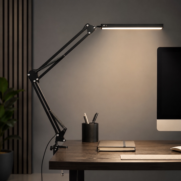 Lampa de birou LED, LittleDomi, Brat Oscilant cu Clema, Inaltime Ajustabila, 3 Moduri de Iluminare, 10 Trepte de Intesitate, Memorie, Protectie Ochi, Temperatura de Culoare Reglabila 2700-6500K, pentru Arhitect, Banc de Lucru, Citire, Relaxare, Negru