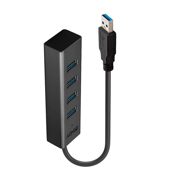 Hub cu 4 porturi, Lindy, USB 3.0, Negru