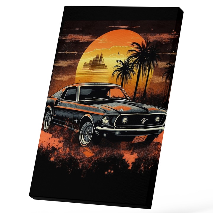 Tablou Canvas Cu Masina Vintige Negru, Apus De Soare In Los Angeles, Copaci Tropicali, Curse Ilegale, Iubitorii De Masini, 25x40 cm, Multicolor