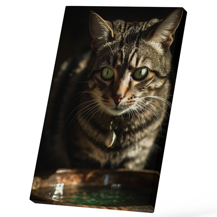 Tablou Canvas Cu Portret Pisica Cu Zgarda Medalion Argintiu, Blana Tip Tigru, Pisici Si Motani, Iubitorii De Animale Blanoase, 25x40 cm, Multicolor