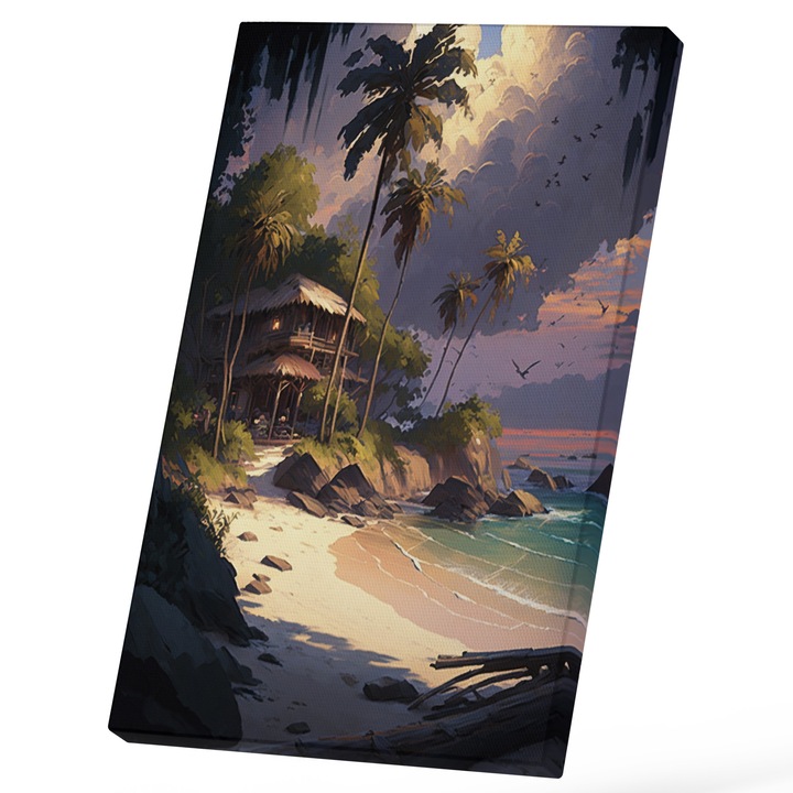 Tablou Canvas Cu Insula Resort, Coliba Pe Plaja Tropicala Mare albastra, Arta Stil anime Influenta Asiatica, Zona Exotica, Vacanta, Iubitorii De Hawaii, 25x40 cm, Multicolor