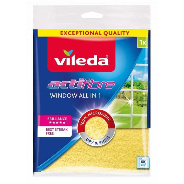 Платно за прозорци, Vileda Actifibre, 36x32 см, жълто