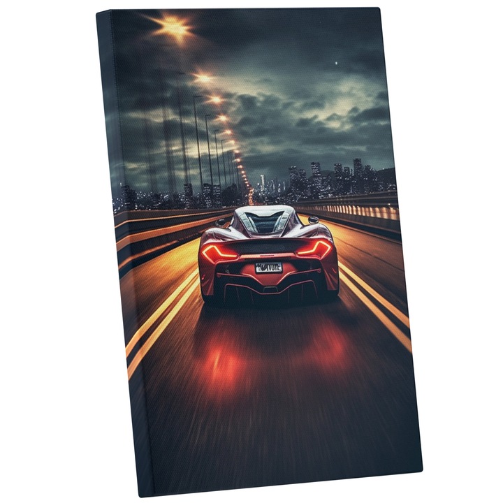 Tablou Canvas Cu Masina Sport Lux Mov, Pe Pod Luminos, Oras Cladiri Inalte, Cer Innorat, Iubitorii De Masini, 25x40 cm, Multicolor