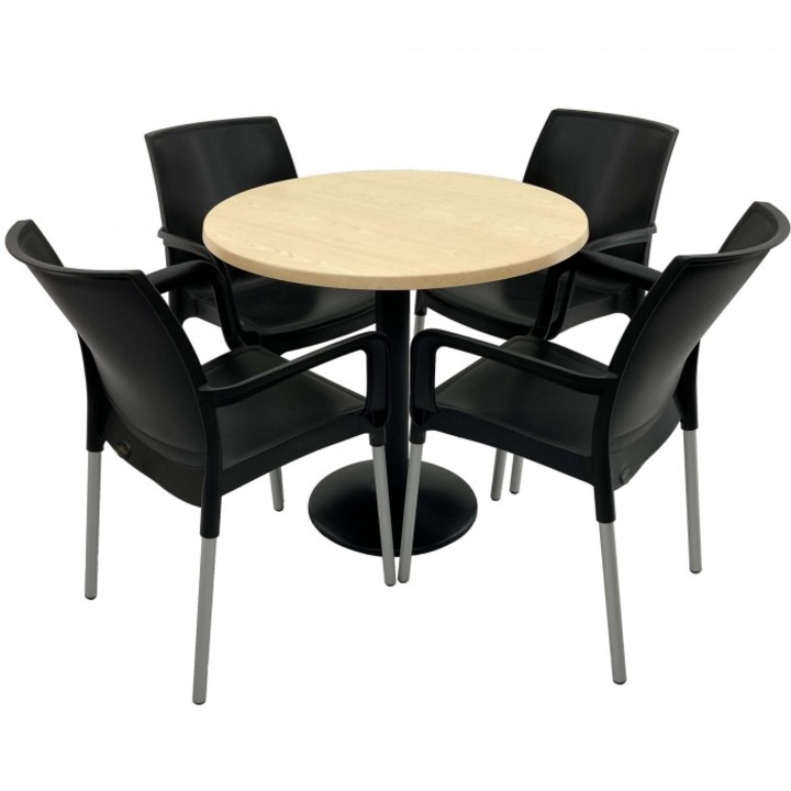 Set 4 scaune SUNSET negru cu masa rotunda 80cm Raki Maple blat werzalit si baza metalica, negru