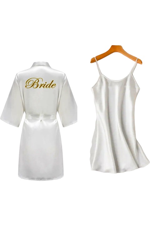 Set 2 piese, StarFashion, halat plus furou din satin, pentru Mireasa, inscriptionat cu textul Bride pe spate, cu scris argintiu, Alb Pur