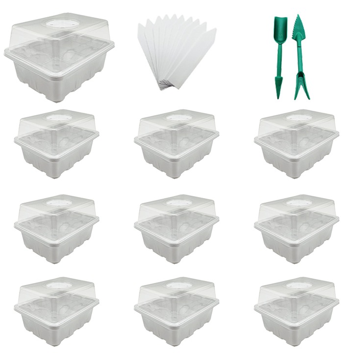 Set propagatoare, Plastic, mini-sera cu ventilatie reglabila, 10 tavi, alb, 18.5x18.5x10cm