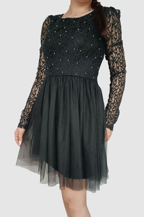 Елегантна рокля с пола от тюл, прилепнала, от дантела, черна, XS