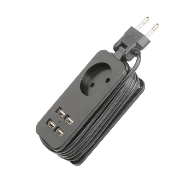Удължителен кабел за пътуване с 1 контакт (250V) и 4 смарт USB порта (5V- 2.1A- 12W), Ledera, зарядно за мобилен телефон, USB хъб с множество портове, преносим, Travel, 1,5 m, черен