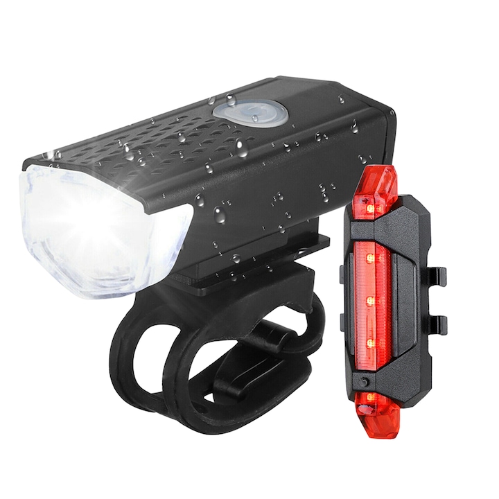 LED kerékpár lámpa készlet, Darklove, IPX4 Vízálló, Első lámpával és hátsó lámpával, Az első lámpa 3 világítási móddal rendelkezik, USB újratölthető, Fekete/piros