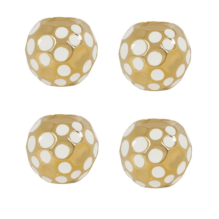Set 4 buc, Suport pentru lumanari tip pastila, din portelan, 11.5x11cm, design rotund cu buline, auriu alb