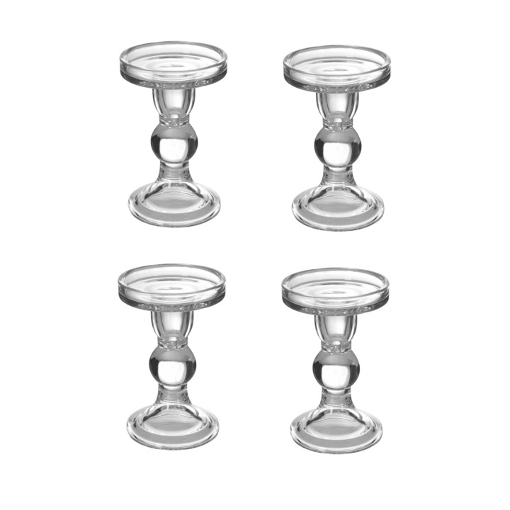 Set 4 buc, Sfesnic/Suport pentru lumanari, 2in1, din sticla, 8.5x13.5cm, transparent