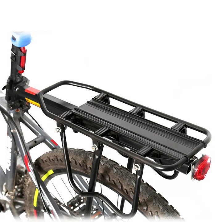 Portbagaj bicicleta MTB spate cu stop reflectorizant rosu, prindere pe tija, sarcina maxima 50 kg, 55 x 14.5 cm, aluminiu, kit montare inclus, West Biking, negru